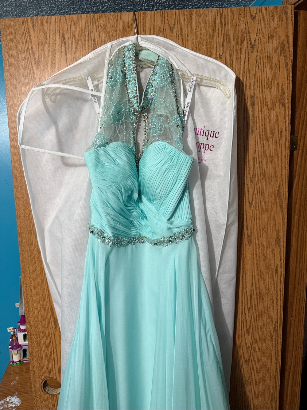 Blush Aqua Beaded Halter Evening Gown